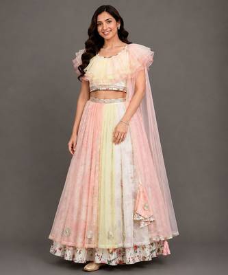 Multicolor Off White Organza Frill Printed Lehenga Set 1