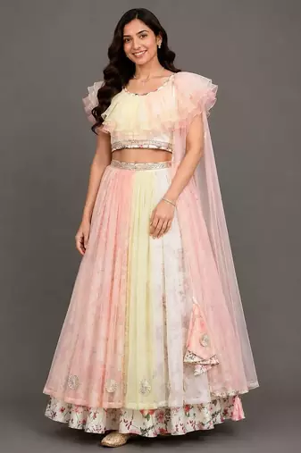 Multicolor Off White Organza Frill Printed Lehenga Set