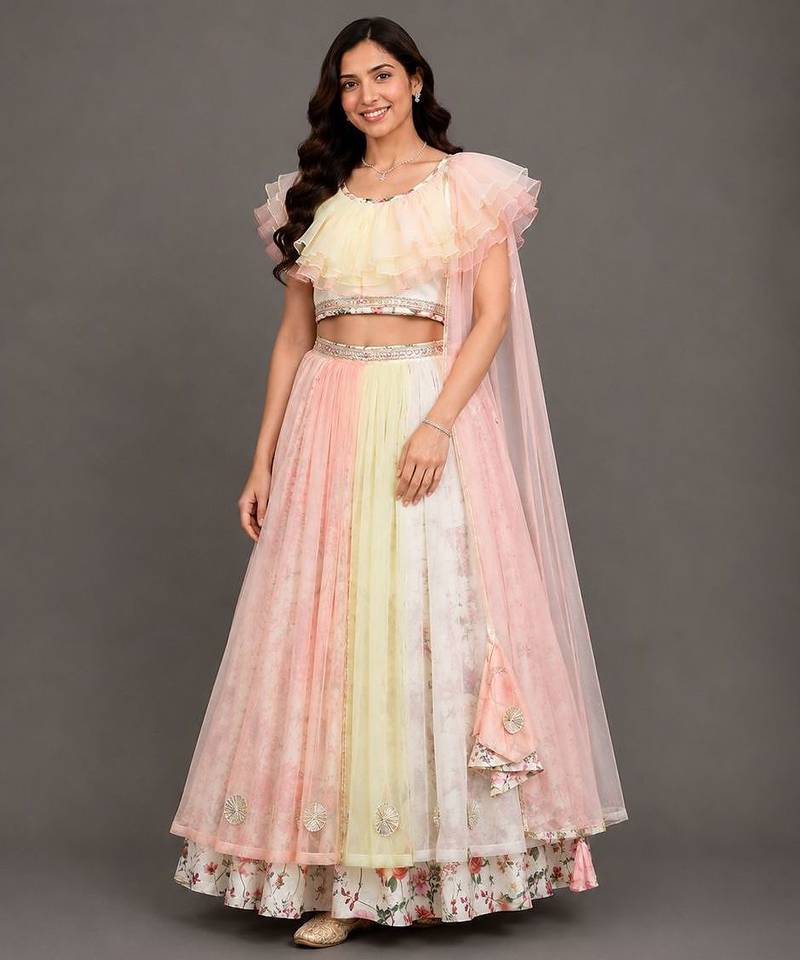 Multicolor Off White Organza Frill Printed Lehenga Set