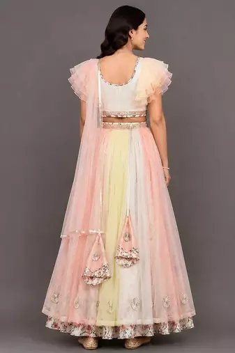 Multicolor Off White Organza Frill Printed Lehenga Set