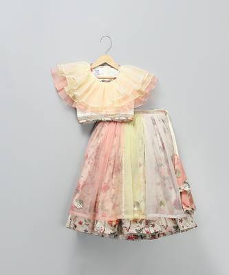 Multicolor Off White Organza Frill Printed Lehenga Set 3