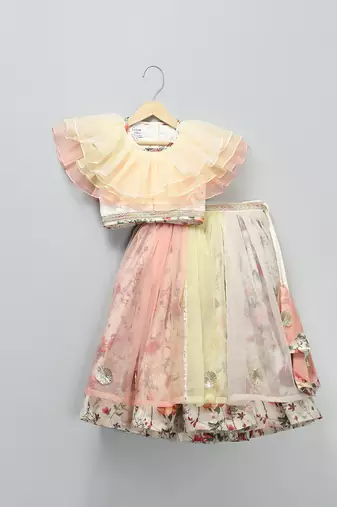 Multicolor Off White Organza Frill Printed Lehenga Set