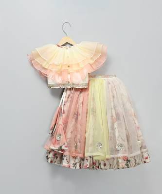 Multicolor Off White Organza Frill Printed Lehenga Set 4