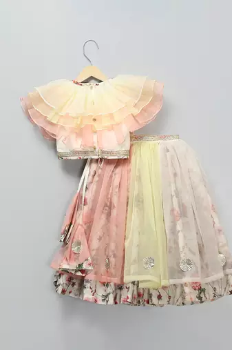 Multicolor Off White Organza Frill Printed Lehenga Set