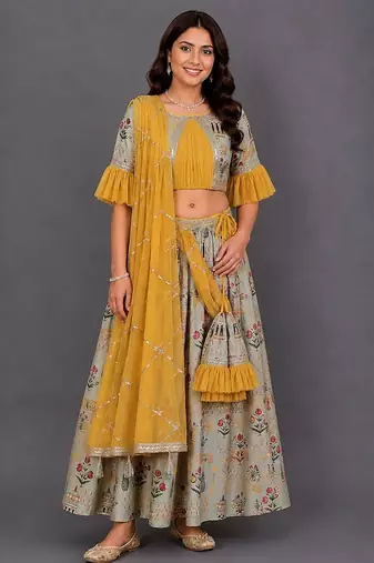 Green Floral Organza Cotton Silk Printed Lehenga Set
