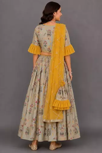 Green Floral Organza Cotton Silk Printed Lehenga Set