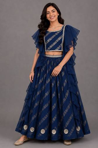 Blue Chanderi Frill Blouse Lehenga Set