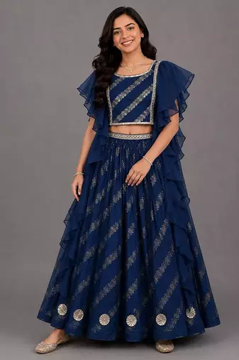 Blue Chanderi Frill Blouse Lehenga Set