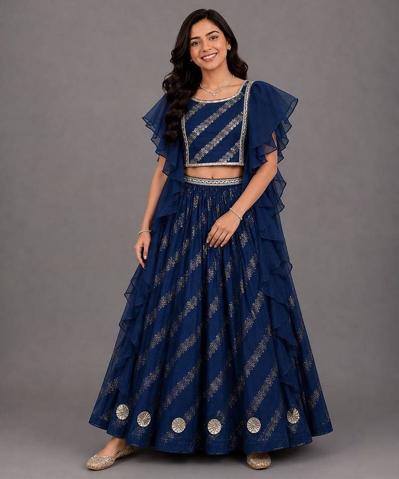 Blue Chanderi Frill Blouse Lehenga Set