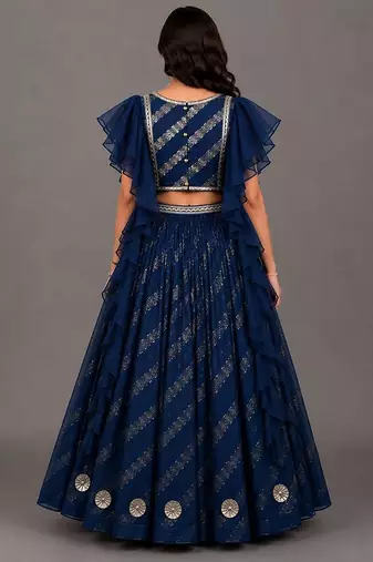 Blue Chanderi Frill Blouse Lehenga Set