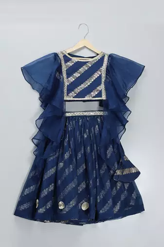 Blue Chanderi Frill Blouse Lehenga Set