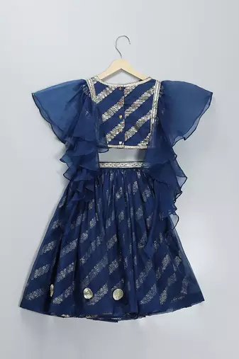Blue Chanderi Frill Blouse Lehenga Set