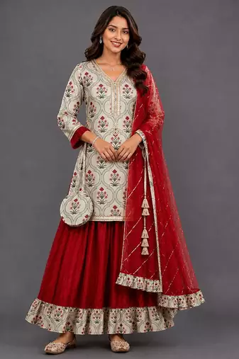Maroon Beige Printed Kurta Lehenga Set
