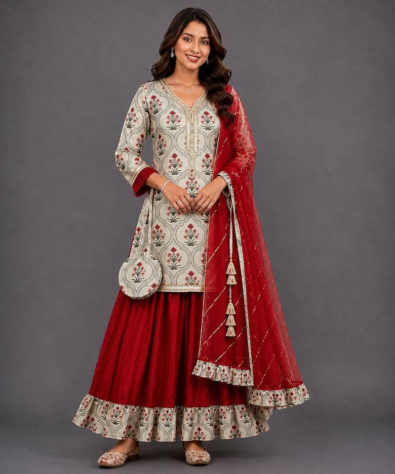 Maroon Beige Printed Kurta Lehenga Set