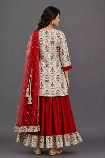 Maroon Beige Printed Kurta Lehenga Set