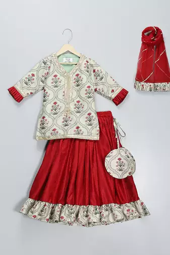 Maroon Beige Printed Kurta Lehenga Set