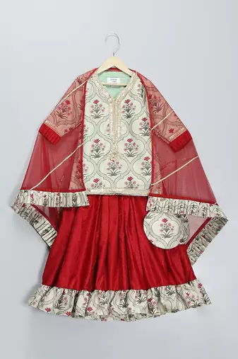 Maroon Beige Printed Kurta Lehenga Set