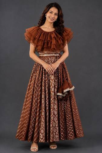 Brown Organza Frill Chanderi Lehenga Set