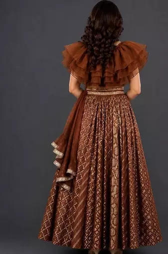 Brown Organza Frill Chanderi Lehenga Set