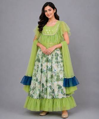 Green Organza Frill Printed Lehenga Set 1