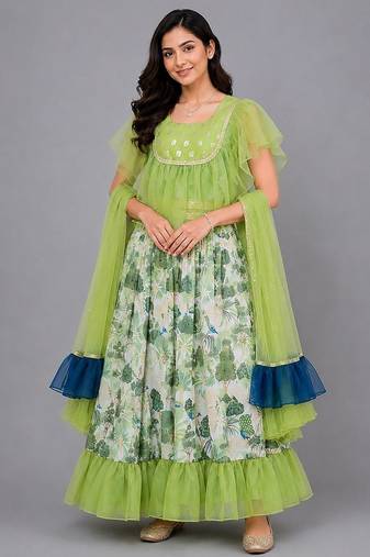 Green Organza Frill Printed Lehenga Set