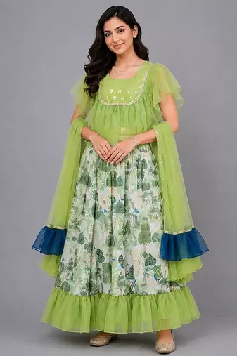 Green Organza Frill Printed Lehenga Set
