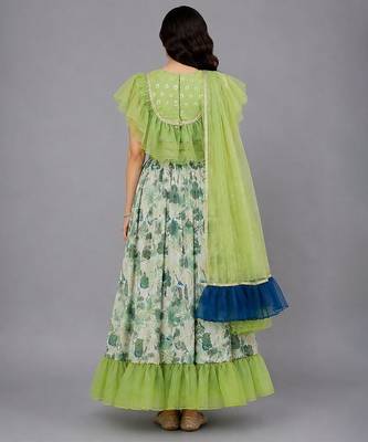 Green Organza Frill Printed Lehenga Set 2