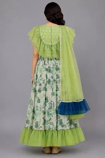 Green Organza Frill Printed Lehenga Set