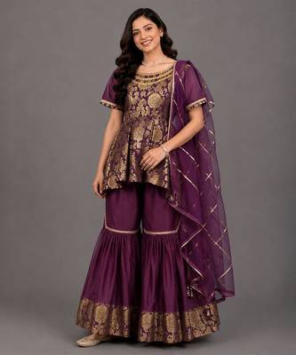 Purple Brocade Cotton Silk Sharara Set 1