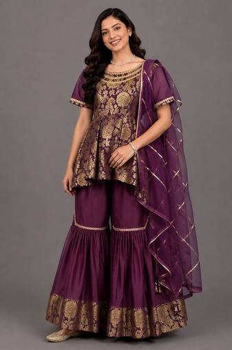 Purple Brocade Cotton Silk Sharara Set