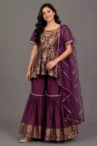 Purple Brocade Cotton Silk Sharara Set