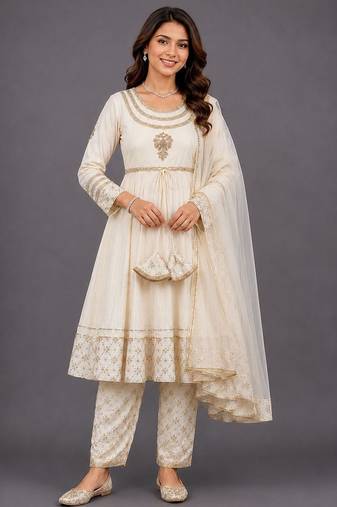 Off White Woven Velvet Silk Anarkali Set