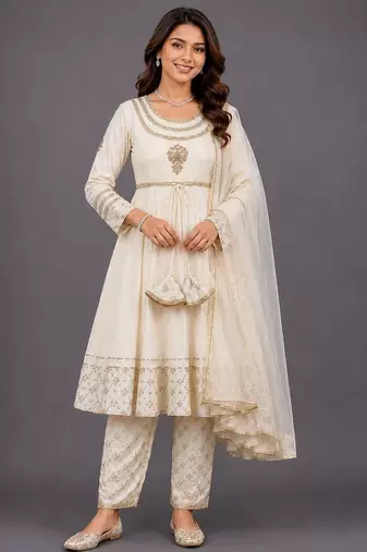 Off White Woven Velvet Silk Anarkali Set