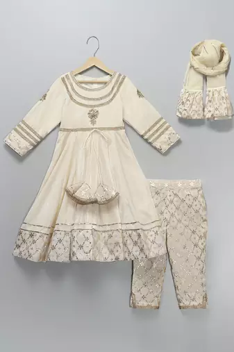 Off White Woven Velvet Silk Anarkali Set