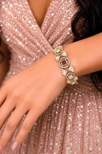 Ruby Red Kundan Bracelet, Gold CZ Bridal Jewelry, Polki Style Statement Bracelet