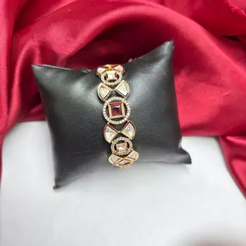 Ruby Red Kundan Bracelet, Gold CZ Bridal Jewelry, Polki Style Statement Bracelet 2