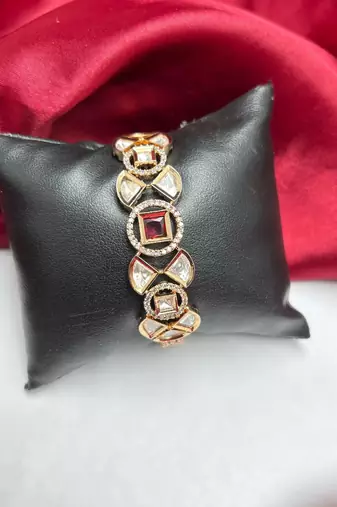 Ruby Red Kundan Bracelet, Gold CZ Bridal Jewelry, Polki Style Statement Bracelet