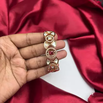 Ruby Red Kundan Bracelet, Gold CZ Bridal Jewelry, Polki Style Statement Bracelet 3