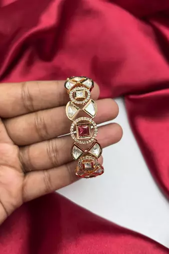 Ruby Red Kundan Bracelet, Gold CZ Bridal Jewelry, Polki Style Statement Bracelet