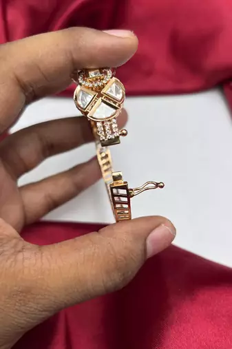 Ruby Red Kundan Bracelet, Gold CZ Bridal Jewelry, Polki Style Statement Bracelet