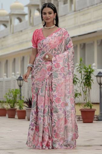 chinon pink designer digital printed mirror border saree