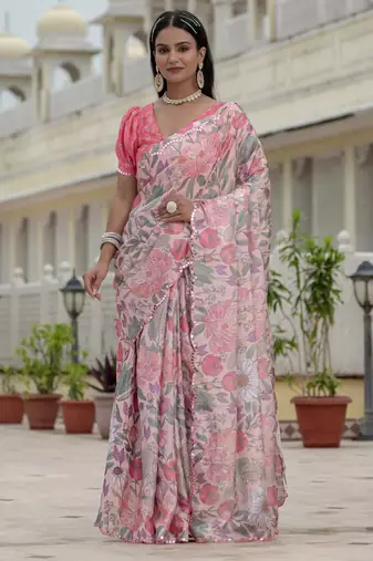 chinon pink designer digital printed mirror border saree