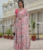 chinon pink designer digital printed mirror border saree