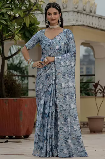 chinon grey designer digital printed mirror border saree