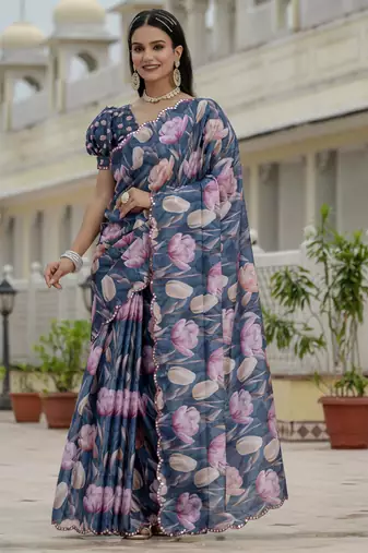 chinon blue designer digital printed mirror border saree