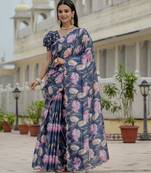 chinon blue designer digital printed mirror border saree