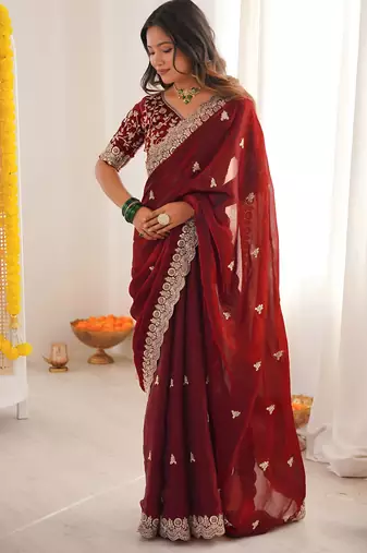 fendy satin maroon sequance thread codding embroidery work saree