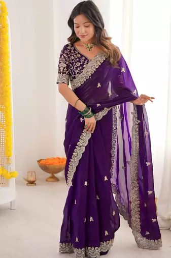 fendy satin purple sequance thread codding embroidery work saree