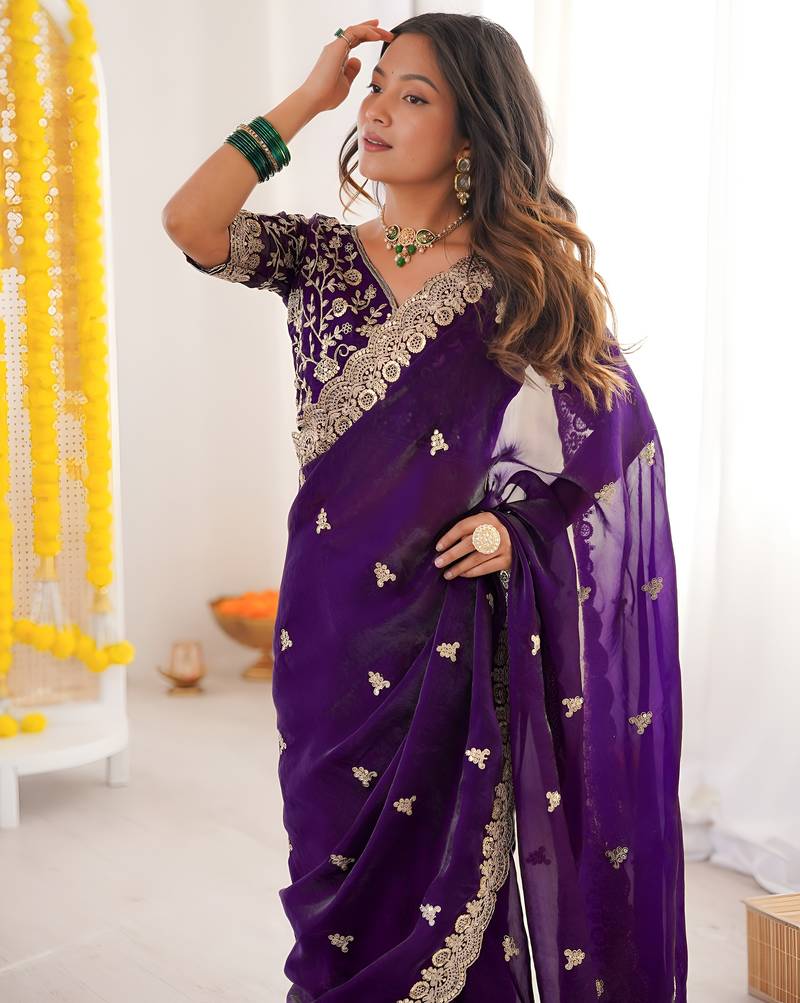 fendy satin purple sequance thread codding embroidery work saree