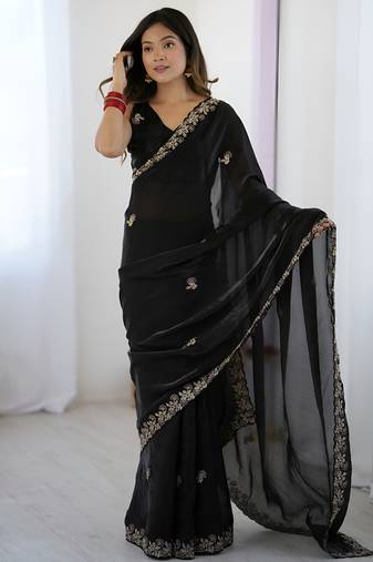 fendy satin black sequance thread codding embroidery work saree